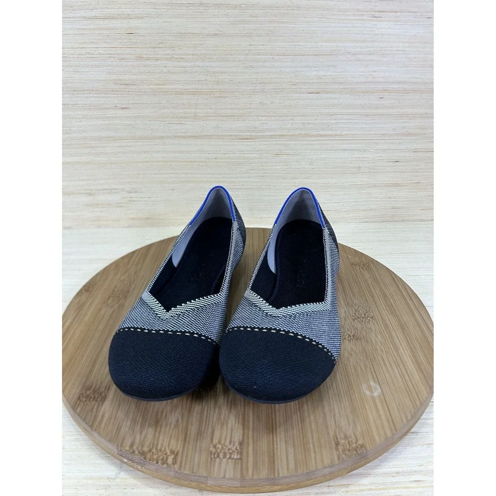 Rothys The Flat Cap-toe Black White Knit Ballet Shoes Womens Size 9